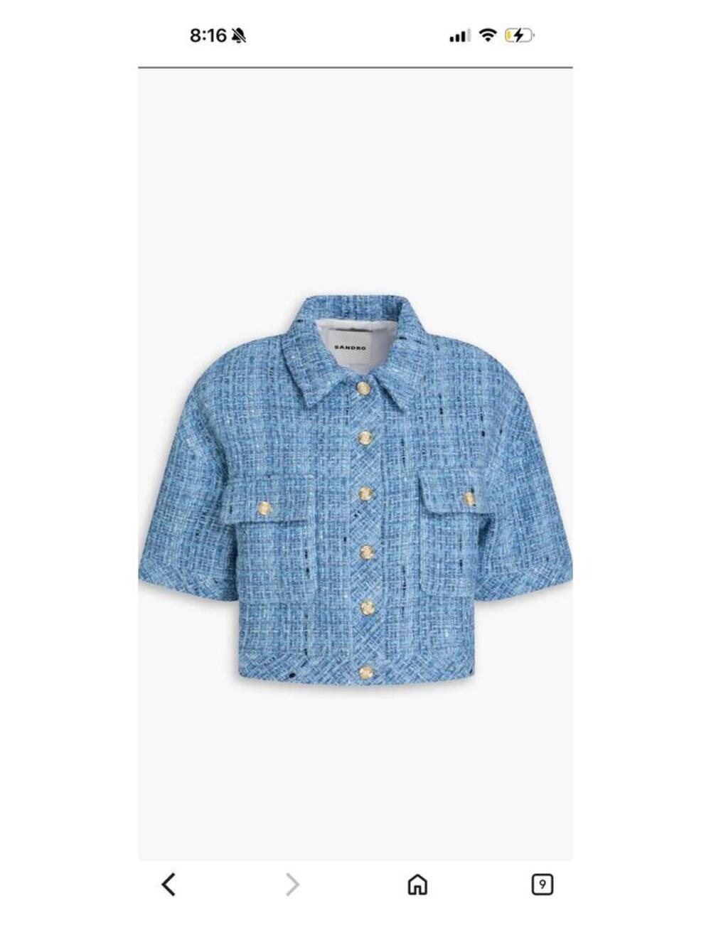 NWT SANDRO Ornelle Tweed Short Sleeve Blazer Jacket gold hardware sz 8